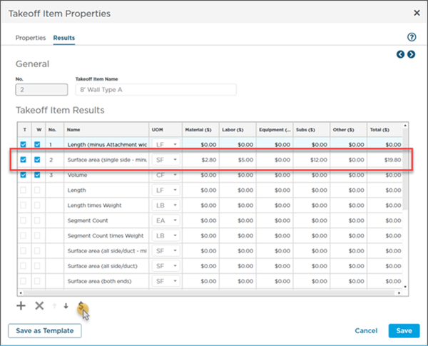 Takeoff Item Properties - Results Tab - Pricing columns