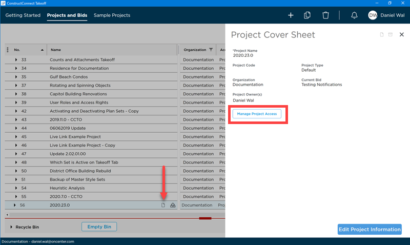 ConstructConnect Takeoff Project Cover Sheet highlighting the Manage Access button