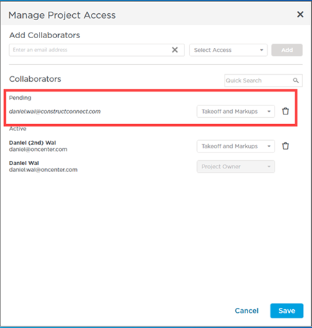 ConstructConnect Takeoff Manage Access dialog showing a pending user