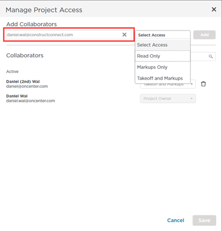 ConstructConnect Takeoff Manage Access dialog showing the drop-down to set access for an external user