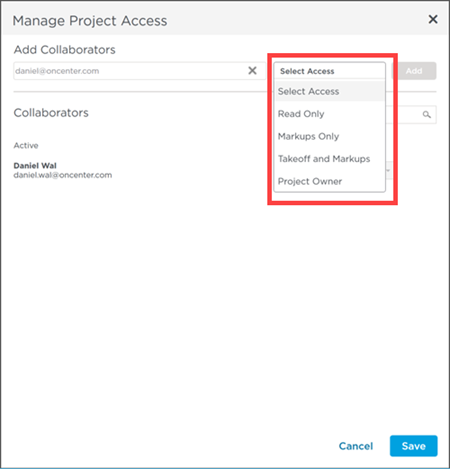 ConstructConnect Takeoff Manage Access dialog box