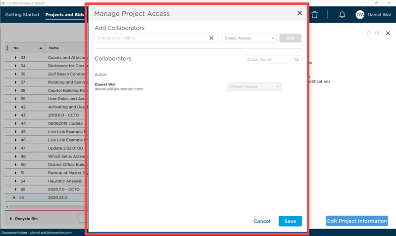 ConstructConnect Takeoff Manage Project Access dialog box