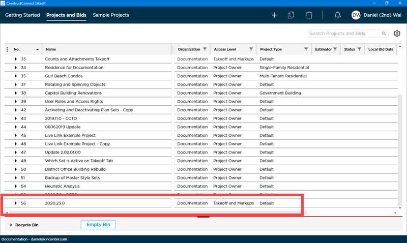 Projects and Bids List showing a user's access level