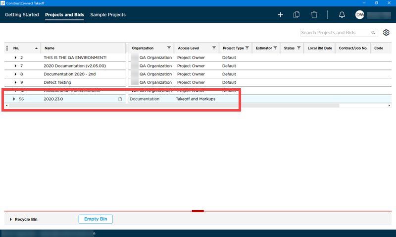 CCTO Projects and Bids List - collaborator view