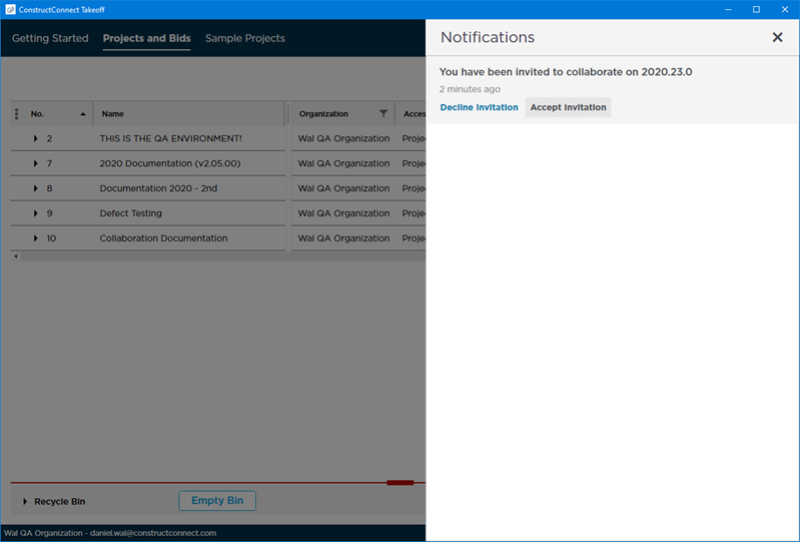 CCTO Notification Panel - pending invitations