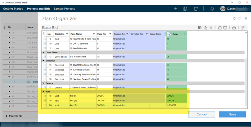 Plan Organizer showing newly added Plan(s) in a Plan Set