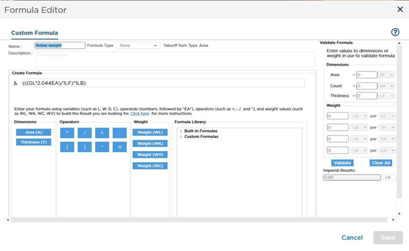 CC Takeoff Custom Formula editor