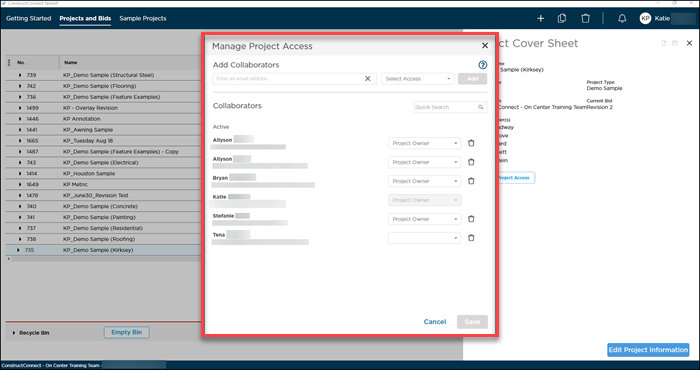 ConstructConnect Takeoff Manage Access dialog box