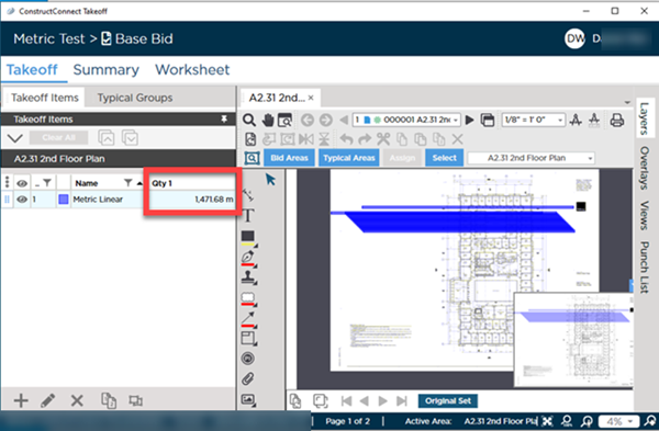 Takeoff Items Pane showing metric values correctly