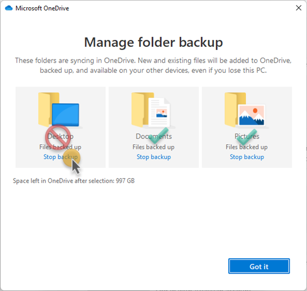 One Drive Settings - Manage Fodler Backups