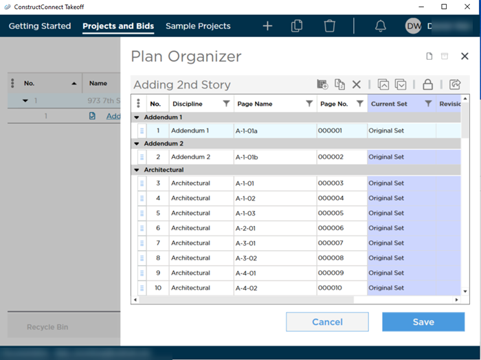 Plan Set Editor showing progress of processing files (converting to TIFF)