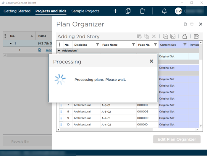 Plan Set Editor showing progress of processing files (converting to TIFF)