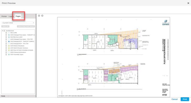 CC Takeoff Print Preview window showing the Pages tab selected