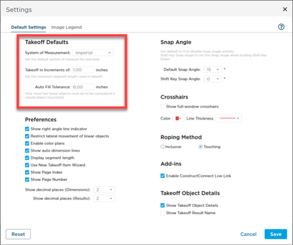 New Bid Settings or Takeoff Defaults