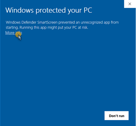 Windows SmartScreen blocked installation message