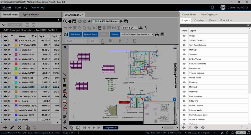 ConstructConnect Takeoff Takeoff Tab highlighting the Layers panel