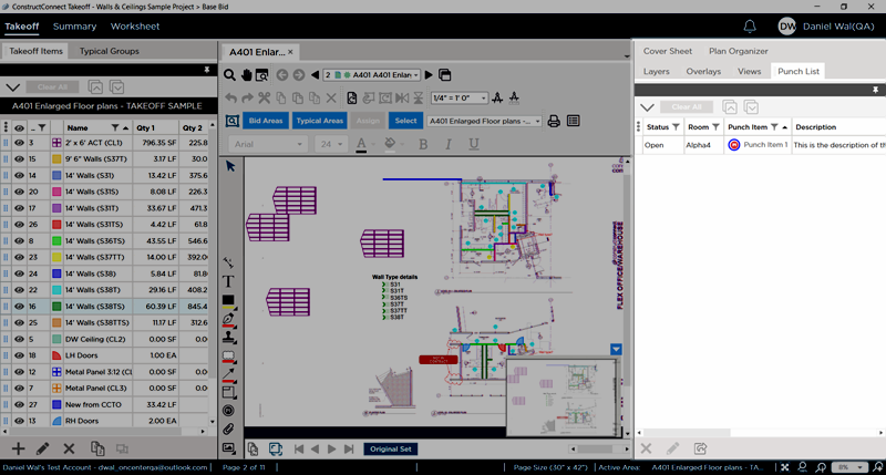 ConstructConnect Takeoff Takeoff Tab highlighting the Punch List panel