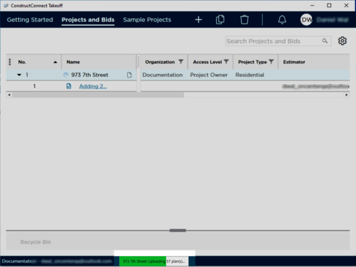 Projects and Bids List showing upload progress