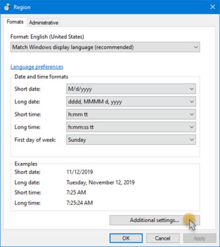 Windows Regional Settings dialog box