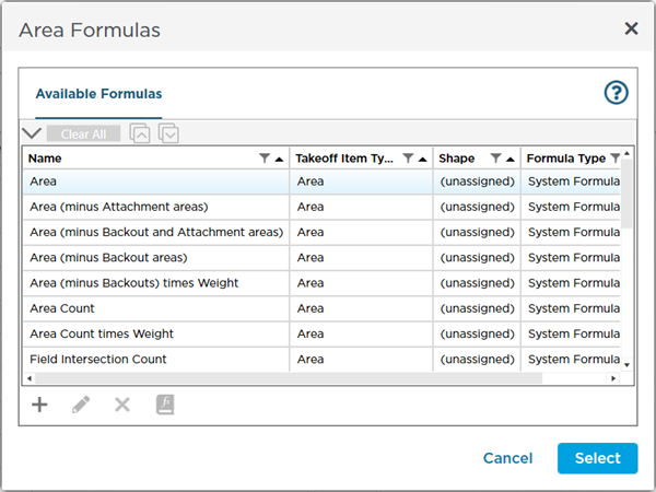 cut-n-fill example - Takeoff Item Results Area Formulas list