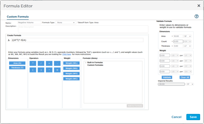 cut-n-fill example - add Custom Formula to a Takeoff Item - Formula Editor dialog box