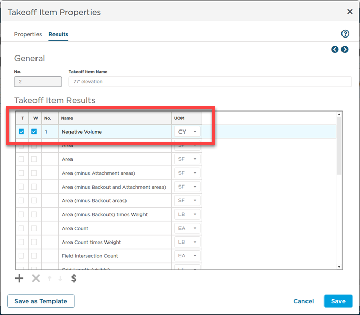 cut-n-fill example - Takeoff Item Results tab 1