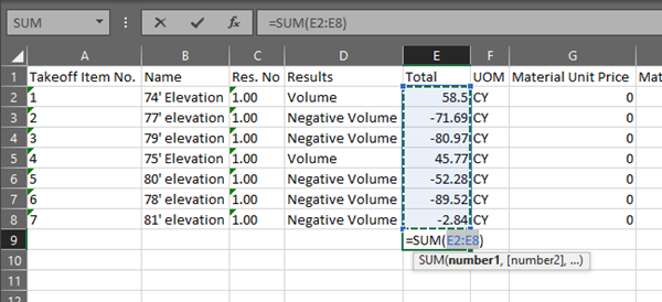 cut-n-fill example - Excel showing exported results - use AutoSum to total