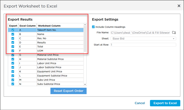 cut-n-fill example - Worksheet Tab - the Export to Excel button is a small box with an arrow emanating from its upper-right corner