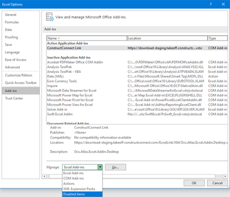 Excel disabled Add-ins list
