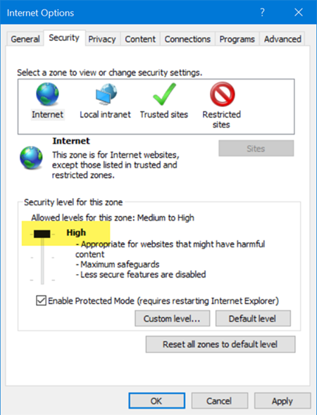 Internet Options highlighting Security set to High