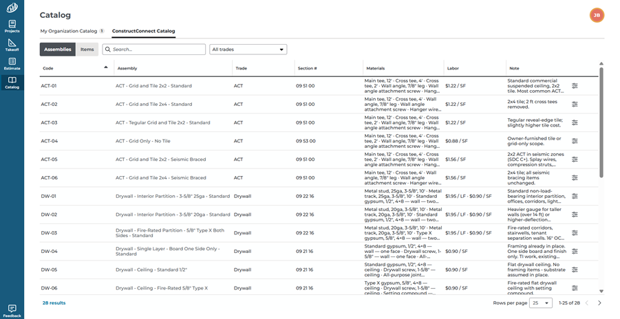 ConstructConnect Takeoff Catalog tab showing the starter catalog