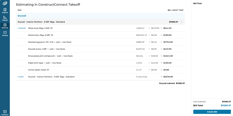 ConstructConnect Takeoff Estimating tab