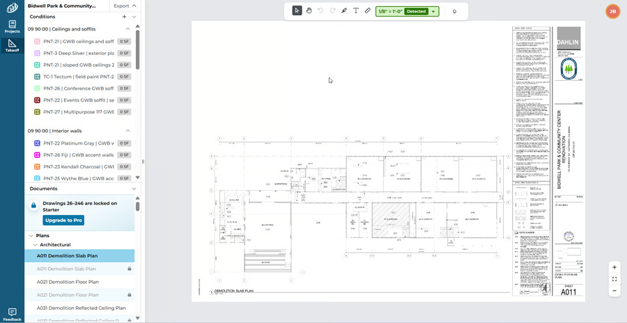 ConstructConnect Takeoff Document list indicating locked documents in Starter