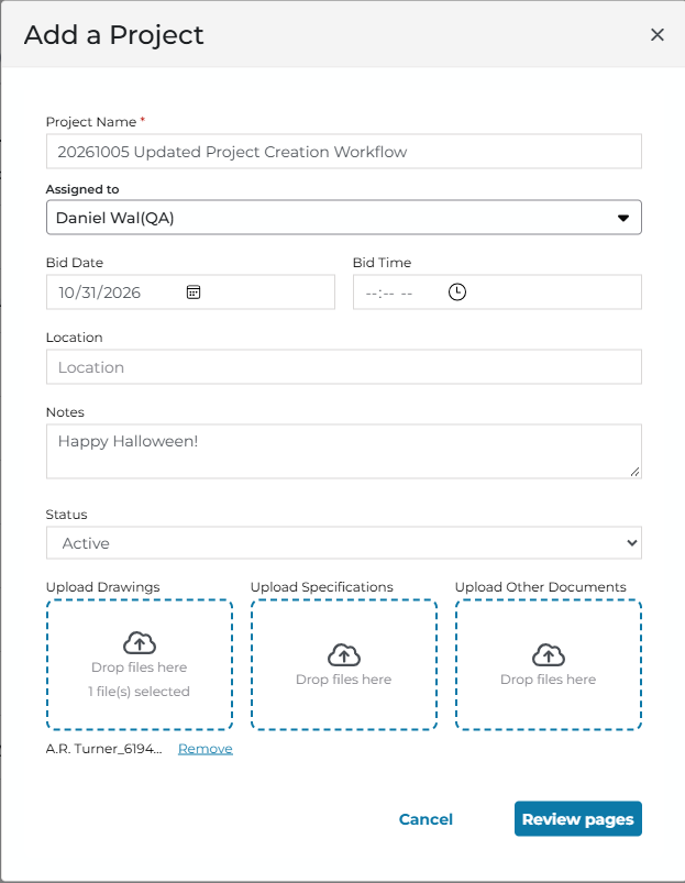 ConstructConnect Takeoff Add Project dialog box - step 1 - project info and add documents