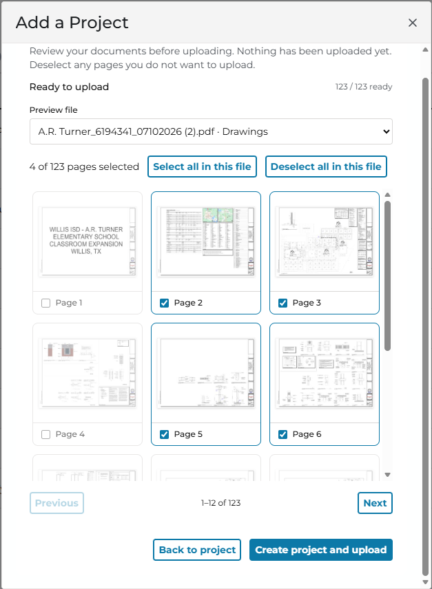 ConstructConnect Takeoff Add Project dialog box - step 2 - select pages