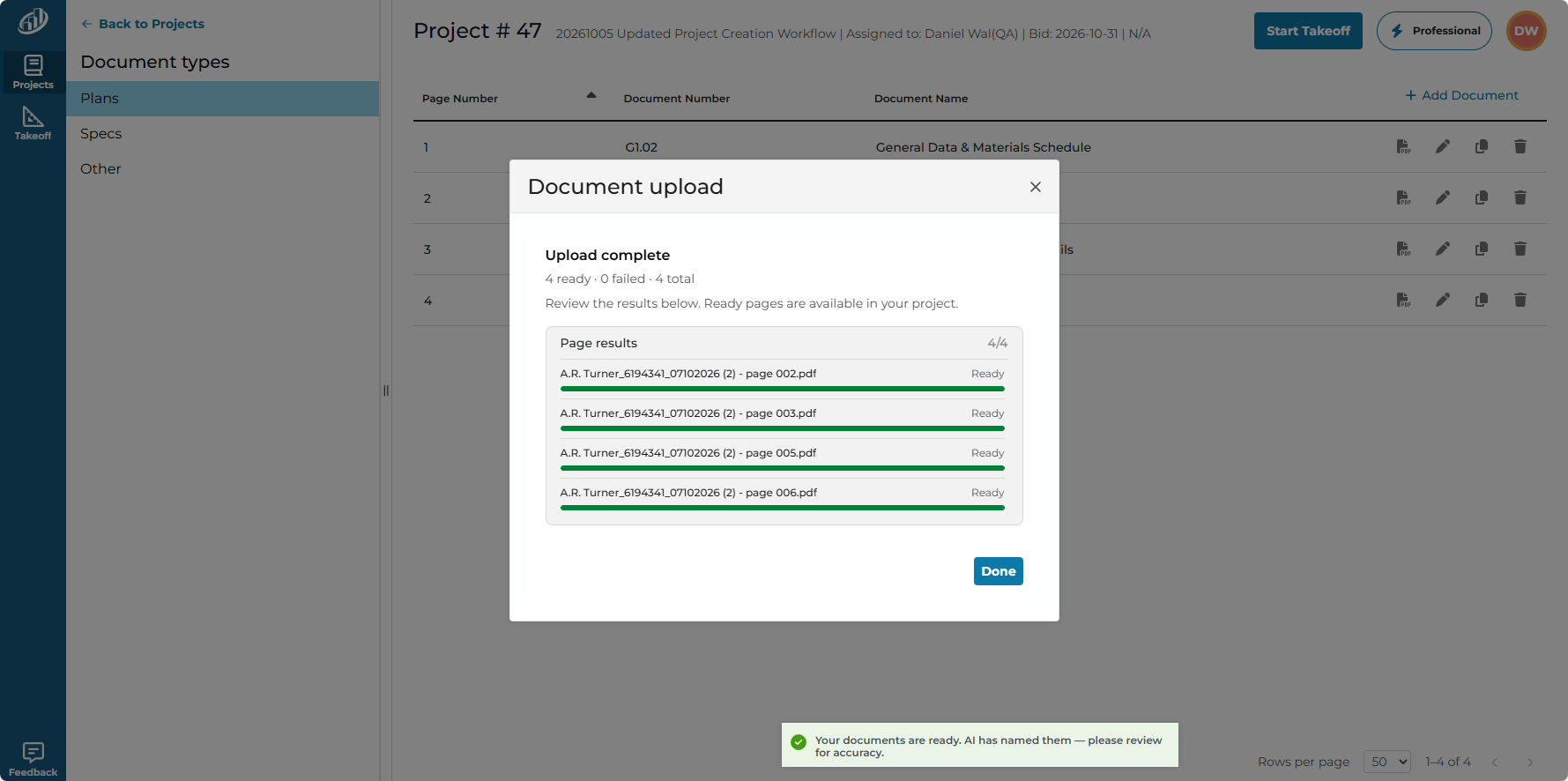 ConstructConnect Takeoff documents processed and uploaded confirmation
