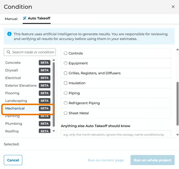 ConstructConnect Takeoff Auto Takeoff - Mechanical options