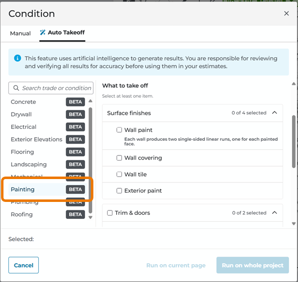 ConstructConnect Takeoff Auto Takeoff - Painting options