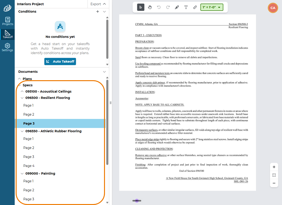 ConstructConnect Takeoff documents list broken out by Discipline