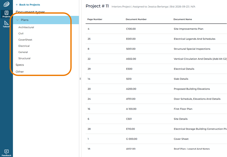 ConstructConnect Takeoff documents list broken out by Discipline