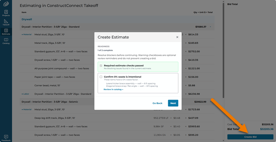 ConstructConnect Takeoff Estimate Tab