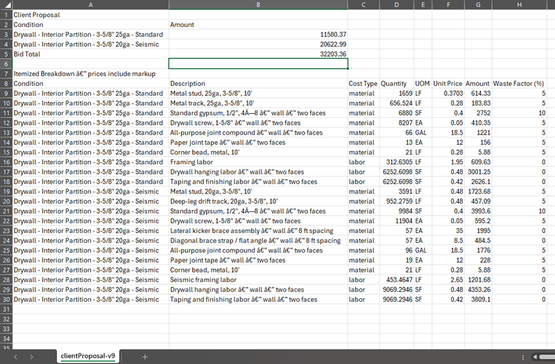 ConstructConnect Takeoff Client Proposal opened in Excel
