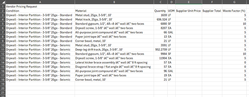 ConstructConnect Takeoff Vendor Pricing Request opened in Excel