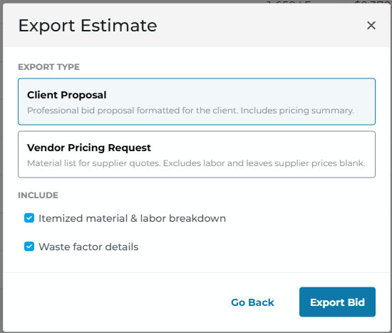 ConstructConnect Takeoff Select Type of Export dialog box