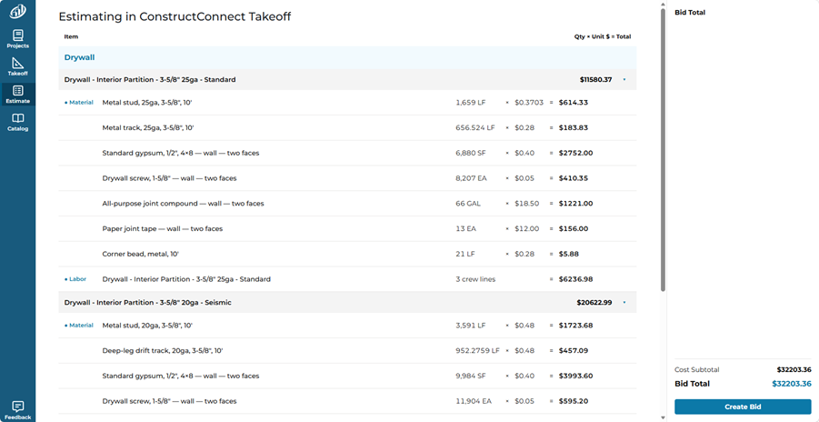 ConstructConnect Takeoff Estimate Tab