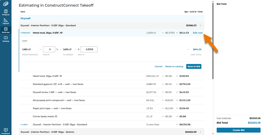 ConstructConnect Takeoff edit Price for an Item