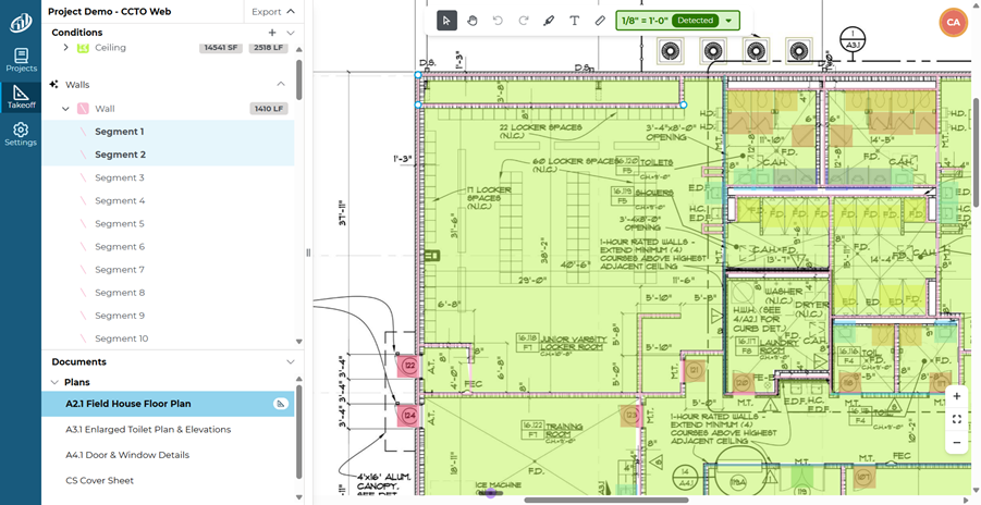 Condition List showing a Linear Condition's takeoff objects detail