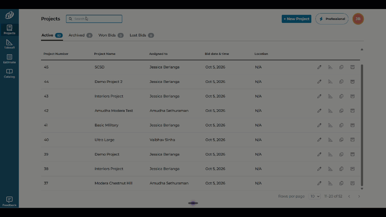 ConstructConnect Takeoff searching the Project List