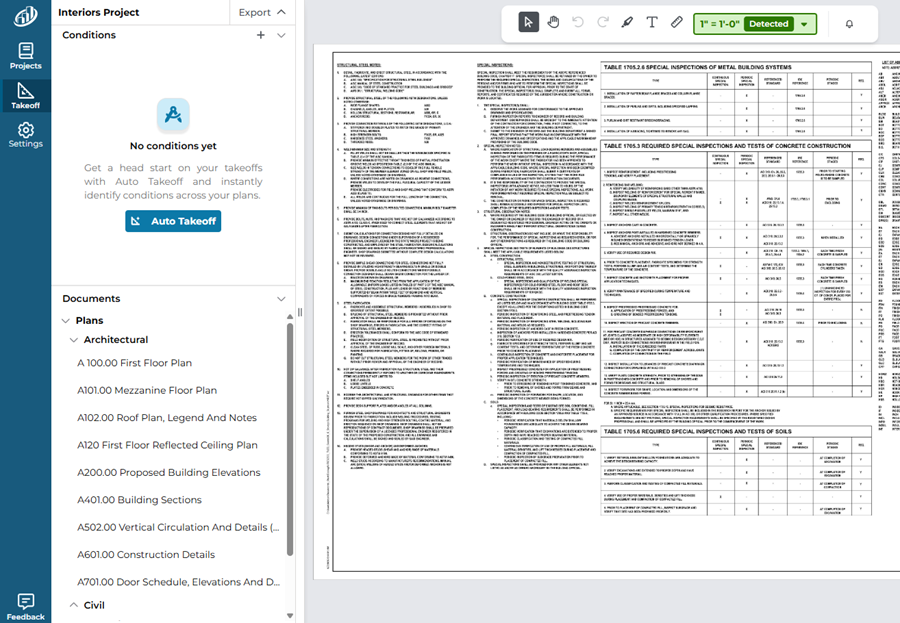 ConstructConnect Takeoff documents list broken out by Discipline