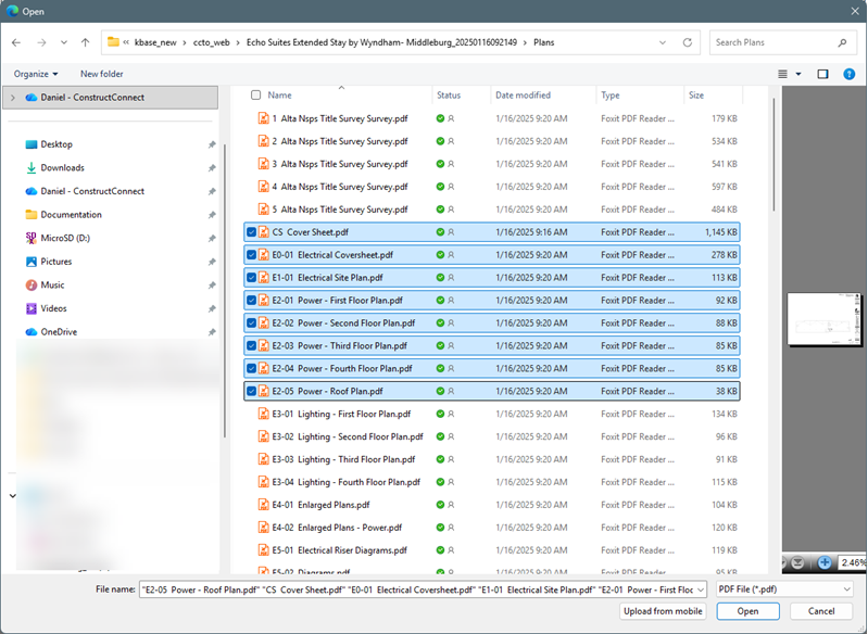 ConstructConnect Takeoff Add Documents browse dialog box